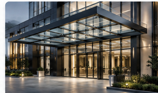 Glass entrance canopy illustrating custom architectural projects